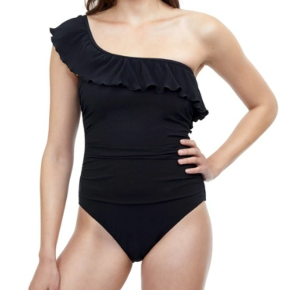Profile by Gottex Pleat It Black Ruffle One Shoulder One Piece Swimsuit